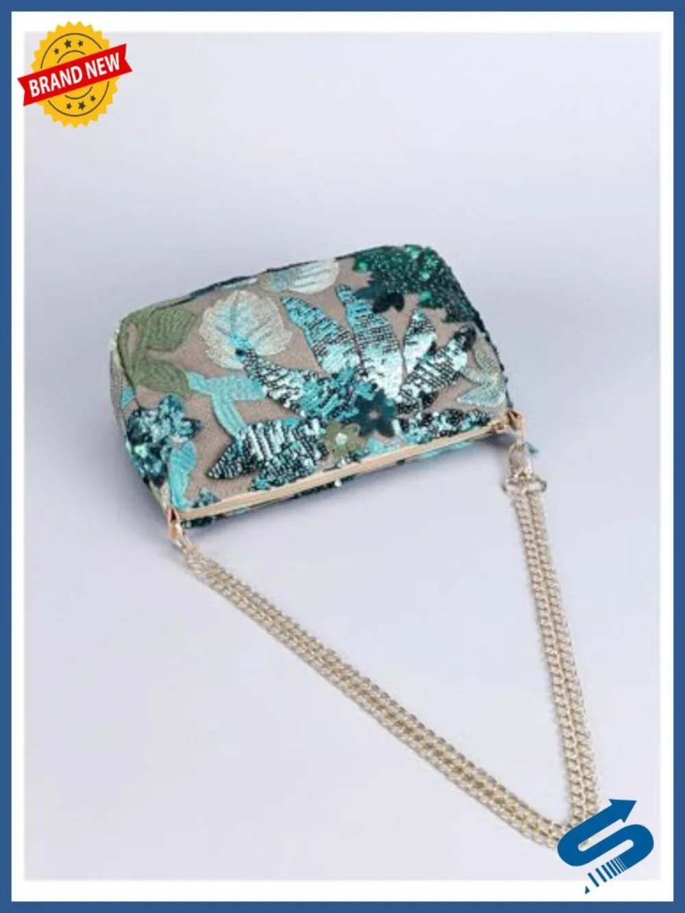 Sequin Floral Embroidered Evening Clutch Purse with Chain Strap | Wedding Guest